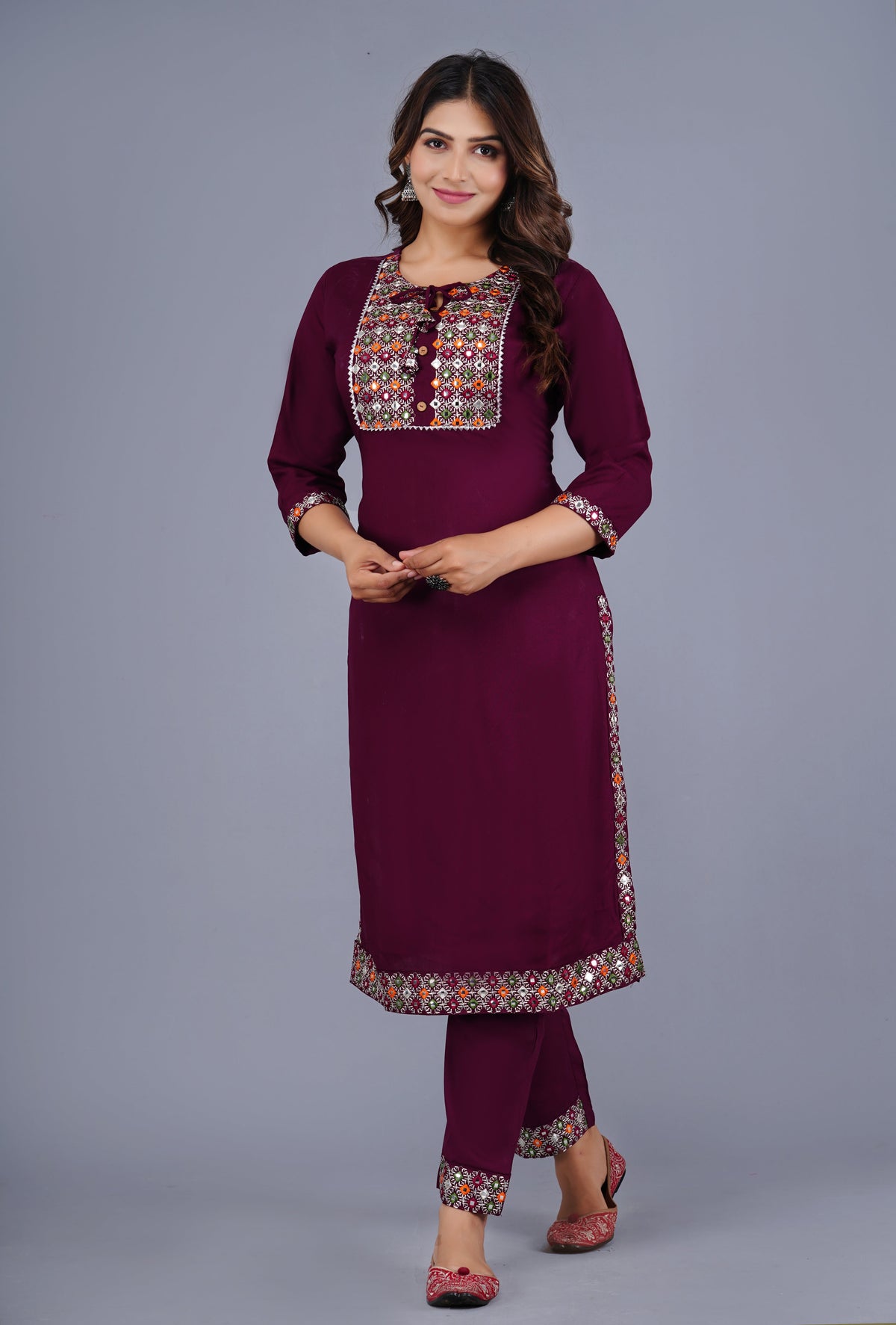 Esha Classic Wine Elegance Traditional Embroidered Kurta Pant Set