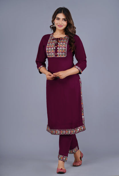 Esha Classic Wine Elegance Traditional Embroidered Kurta Pant Set