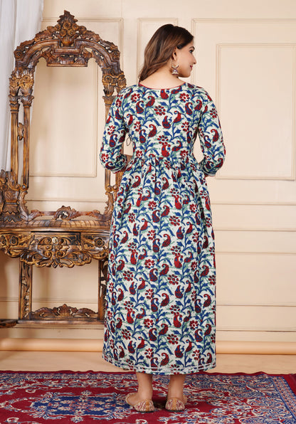 Noor-e-Morpankh Printed Cotton Rajwadi Angrakha Long Ethnic Dress