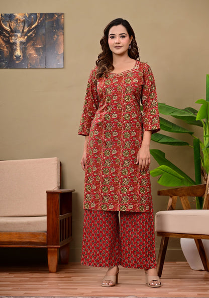 Noor-e-Red Ethnic Wear Cotton Printed Kurta Palazzo Set
