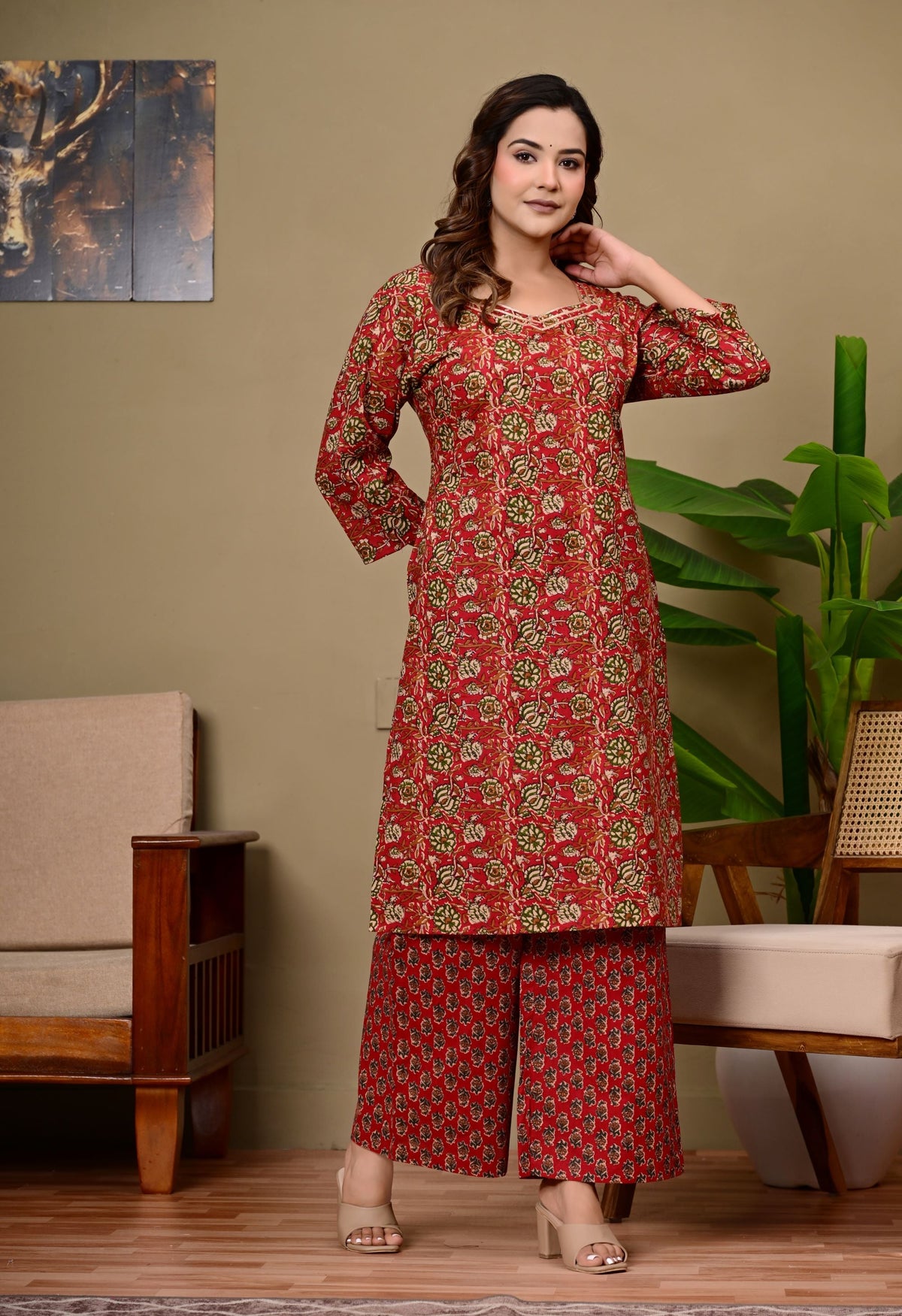 Noor-e-Red Ethnic Wear Cotton Printed Kurta Palazzo Set