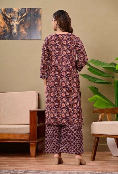 Noor Luxe Midnight Blossom Cotton Printed Kurta Palazzo Set