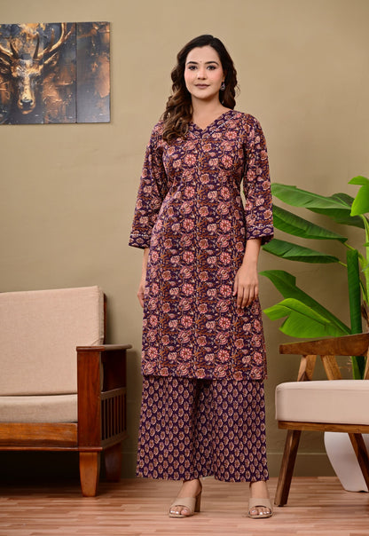 Noor Luxe Midnight Blossom Cotton Printed Kurta Palazzo Set