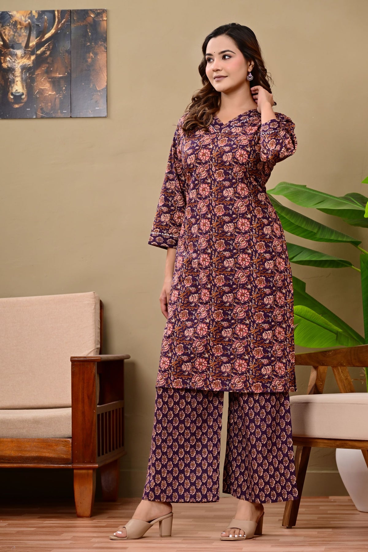Noor Luxe Midnight Blossom Cotton Printed Kurta Palazzo Set