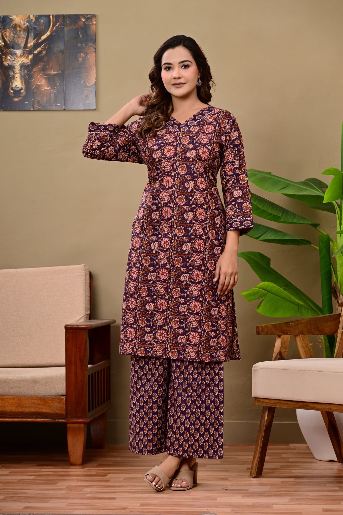 Noor Luxe Midnight Blossom Cotton Printed Kurta Palazzo Set