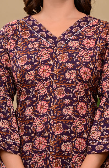 Noor Luxe Midnight Blossom Cotton Printed Kurta Palazzo Set