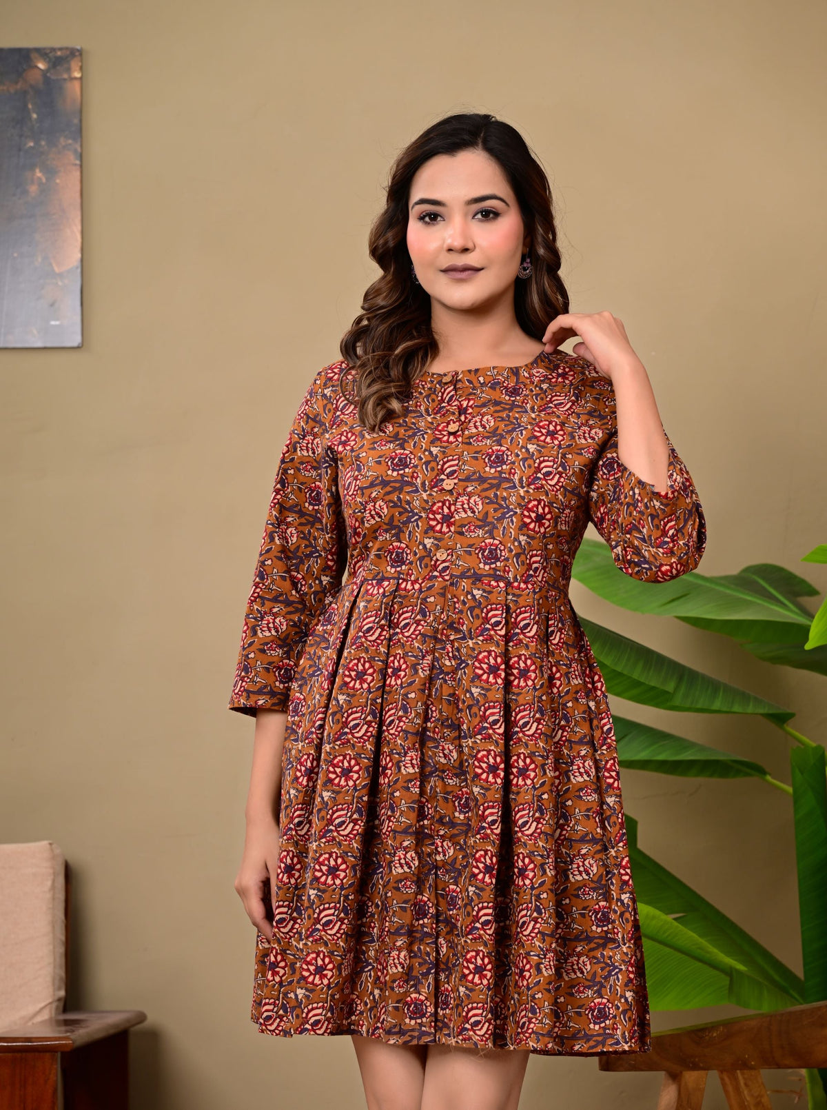 Elara Desert Rose Cotton Printed Floral Fit & Flare Dress