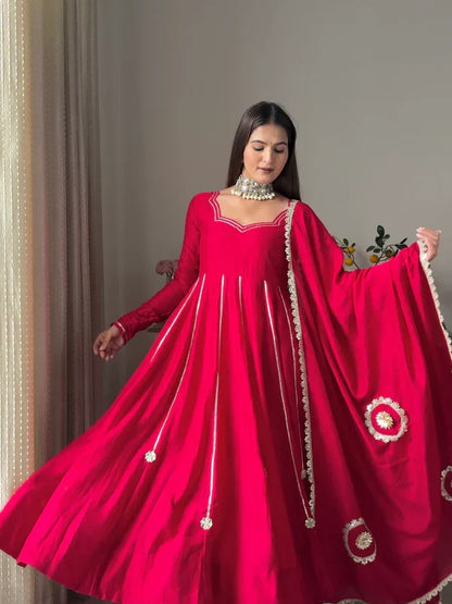 Rose Pink Shimmer Silk Anarkali Gown with Full Flare Palazzo