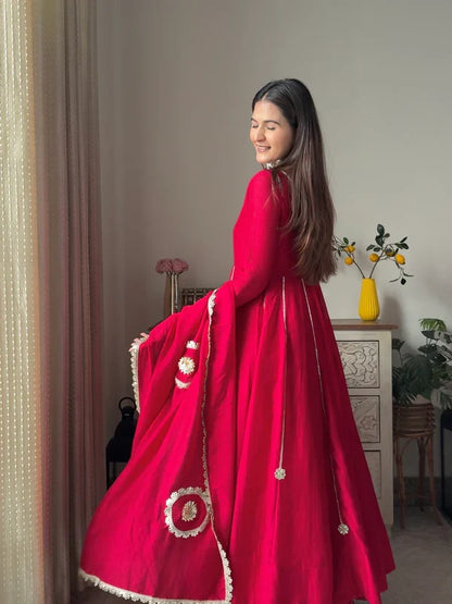 Rose Pink Shimmer Silk Anarkali Gown with Full Flare Palazzo