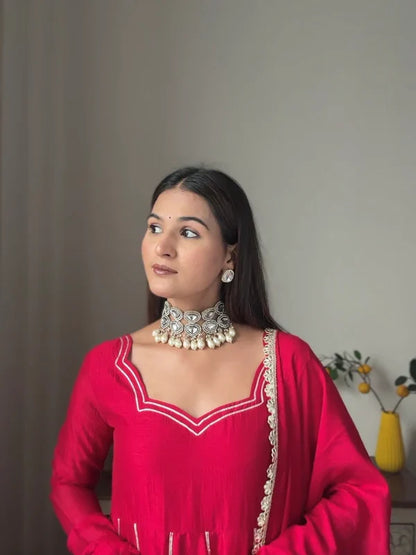 Rose Pink Shimmer Silk Anarkali Gown with Full Flare Palazzo