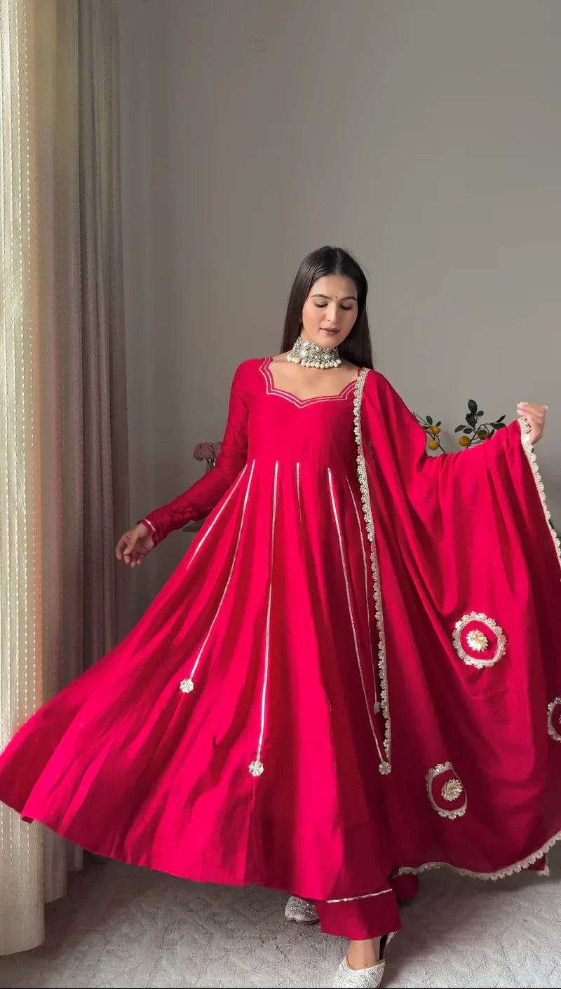Rose Pink Shimmer Silk Anarkali Gown with Full Flare Palazzo