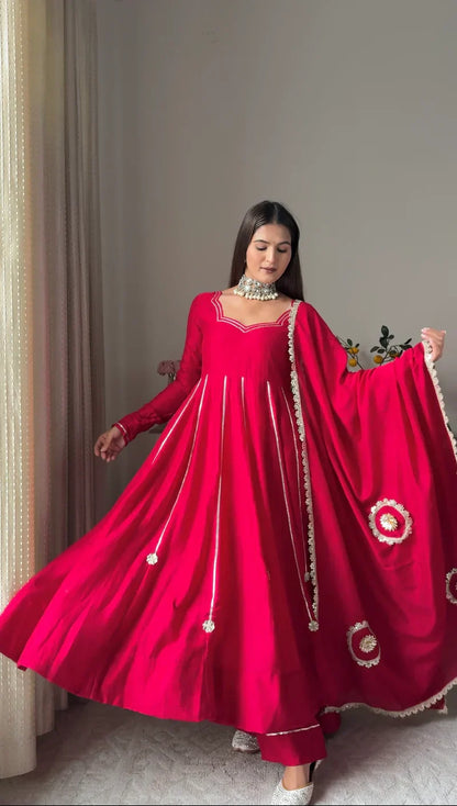 Rose Pink Shimmer Silk Anarkali Gown with Full Flare Palazzo