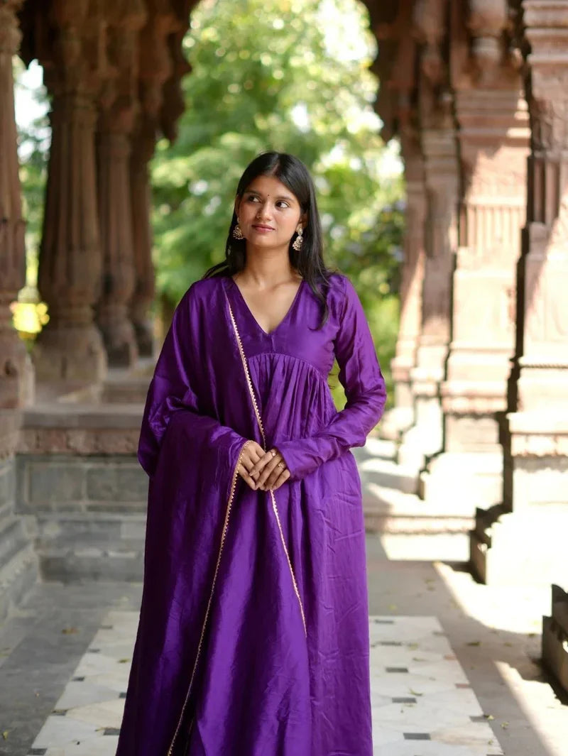 Solid Purple Cotton Anarkali Kurta Pant Dupatta Set