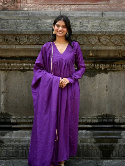 Solid Purple Cotton Anarkali Kurta Pant Dupatta Set