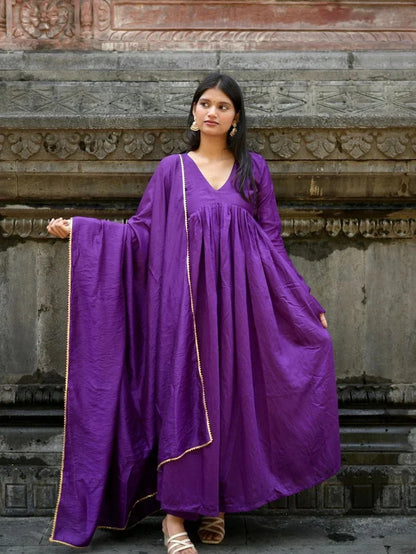 Solid Purple Cotton Anarkali Kurta Pant Dupatta Set
